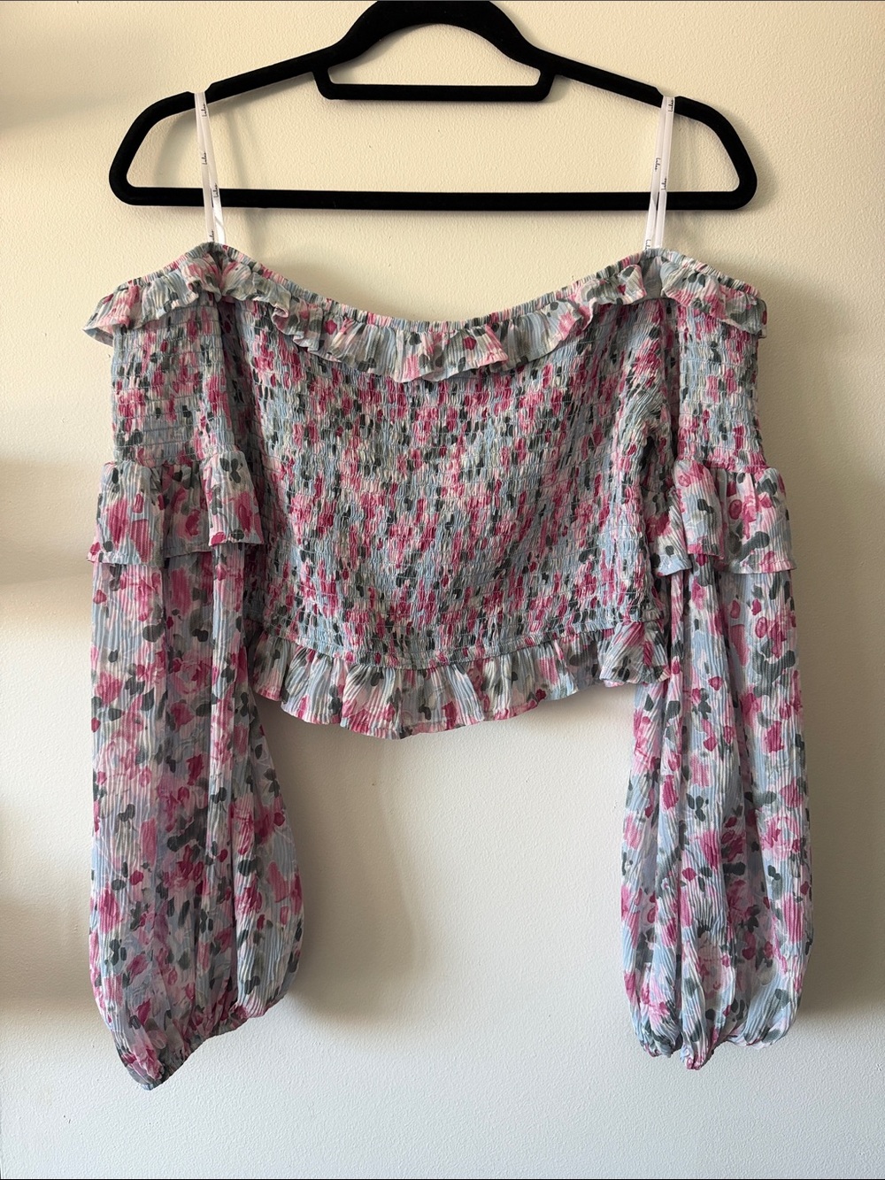 Lulus|Floral Off-Shoulder Smocked Crop Top|Pink/Blue|XL|EUC